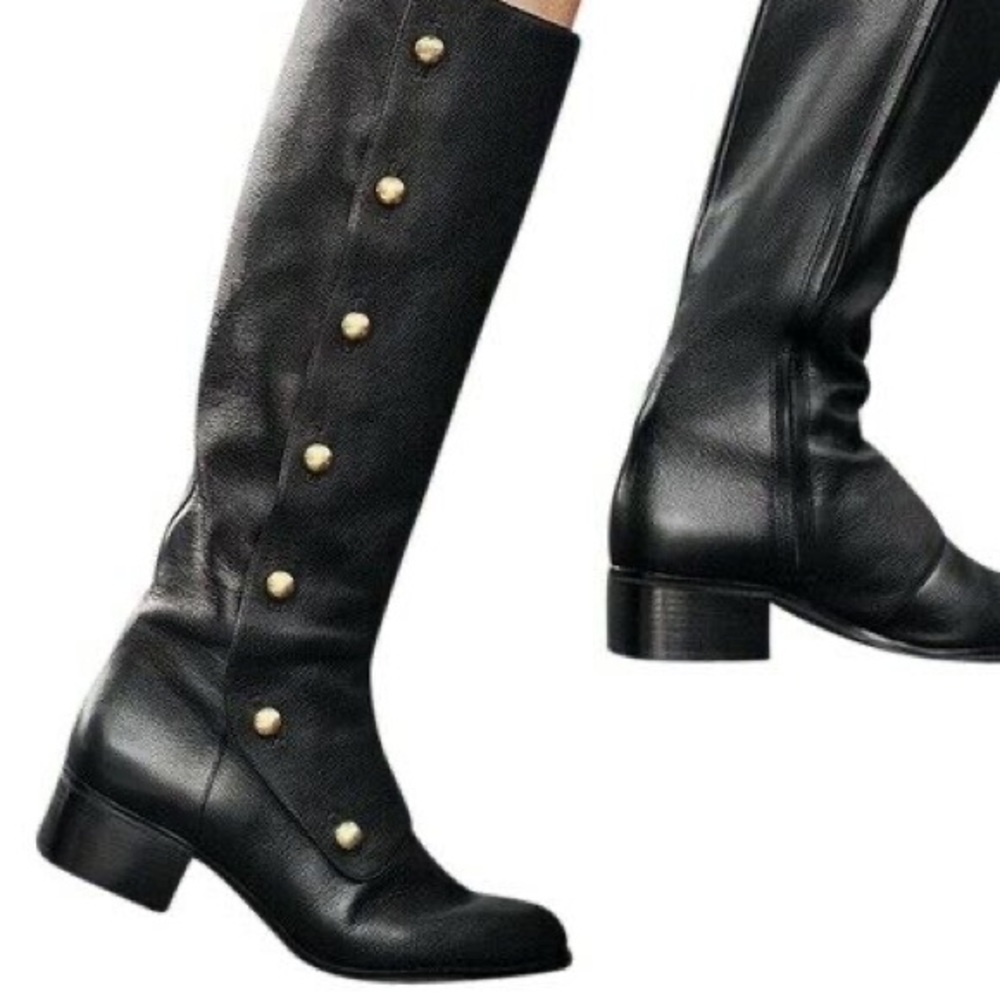 Michael Kors Black Leather Knee High Boots with Gold Buttons and Zipper Size 8